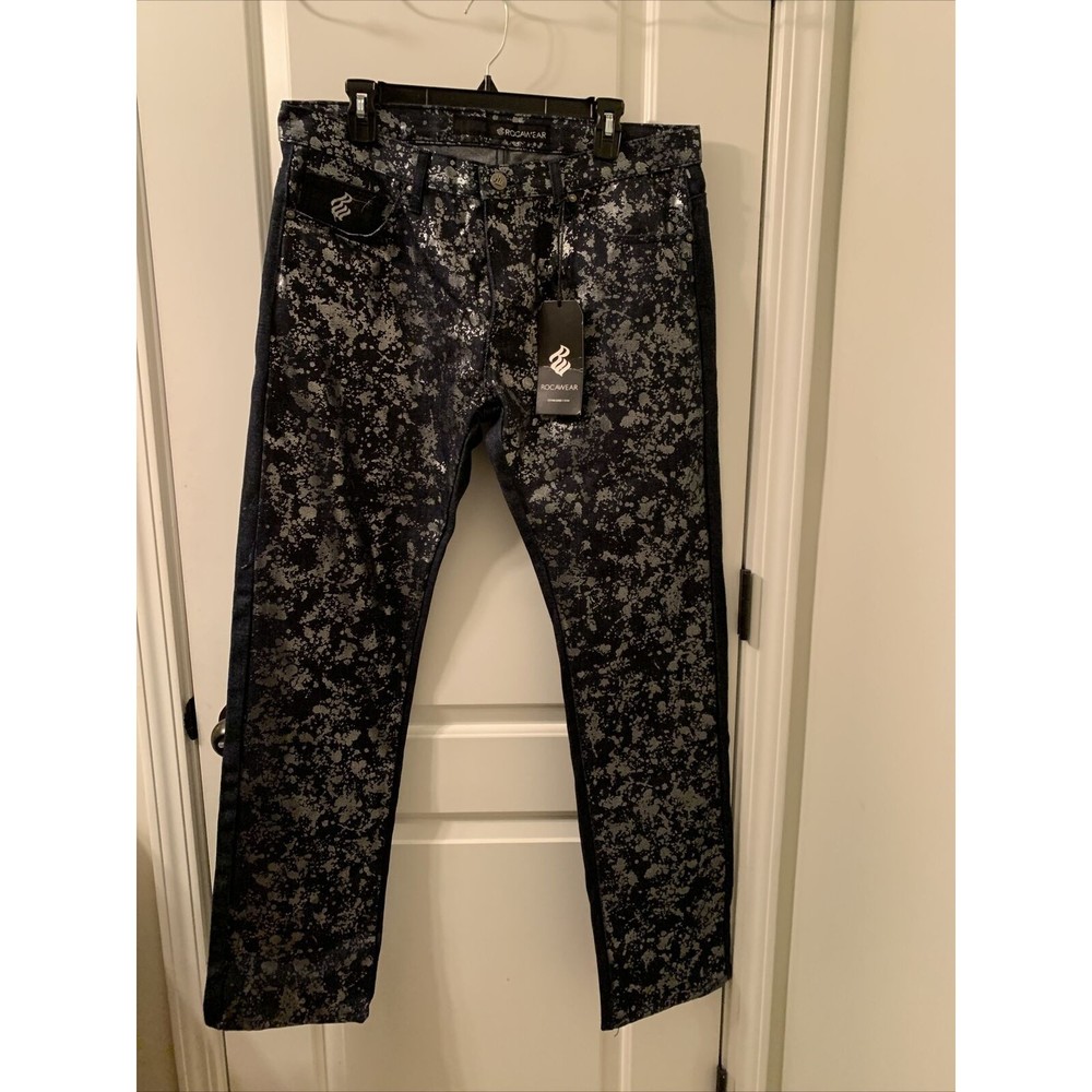 Rocawear Men's Graphic Print Denim Indigo / Silver Jeans Size 40